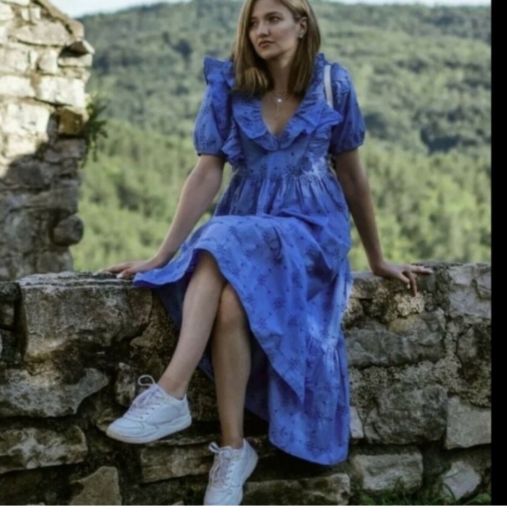Zara * openwork embroidered dress boho flowy blue size xs - Picture 2 of 11